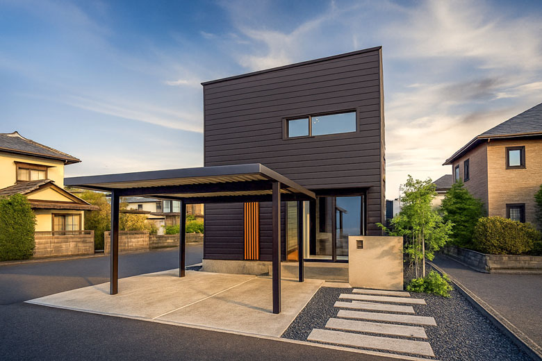 ■当日予約歓迎■新潟市西区｜アプローチテラスが繋ぎ、照明計画と緑の借景で寛ぐ、ブラックガルバの住まい｜完成見学会【予約制】