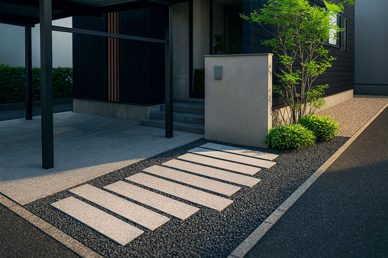 ■当日予約歓迎■新潟市西区｜アプローチテラスが繋ぎ、照明計画と緑の借景で寛ぐ、ブラックガルバの住まい｜完成見学会【予約制】