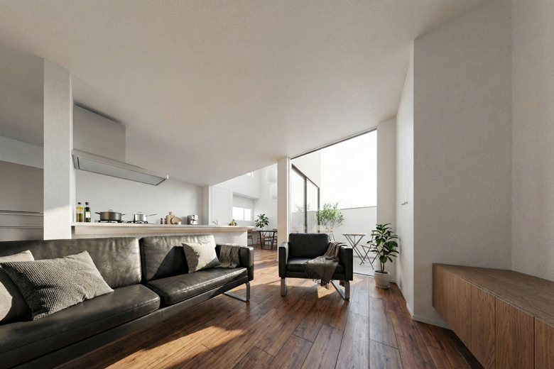 新潟市江南区｜1.5階の高天井とカーテンレスのLDKで、海外照明と家具が映える住まい｜完成見学会【予約制】