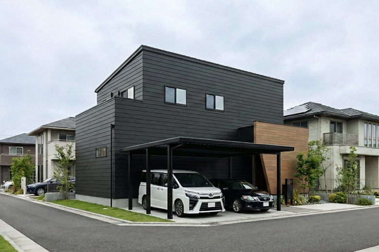 三条市｜ブラックタイル×ウォールナットの床が魅せる、シックな23帖リビング｜完成見学会【予約制】