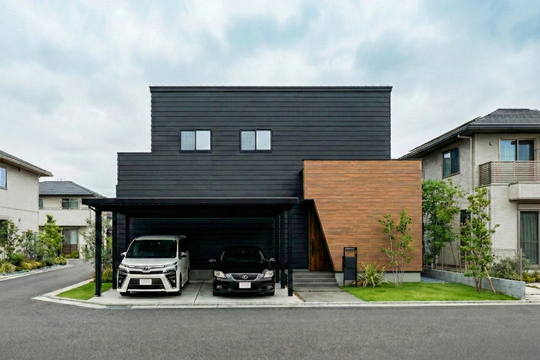 三条市｜ブラックタイル×ウォールナットの床が魅せる、シックな23帖リビング｜完成見学会【予約制】